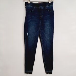 Spanx Pull On Jeans Women Size Medium Dark Wash High Waist Raw Hem